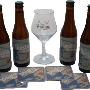 Set van 4 flessen Thieskes Blondj, Austroa's tripel, Glas en viltjes