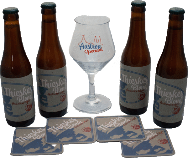 Set van 4 flessen Thieskes Blondj, Austroa's tripel, Glas en viltjes