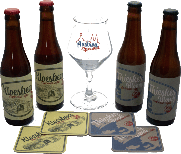 Set van 2 flessen Kloesbeer + 2 flessen Thieskes Blondj, Glas en viltjes